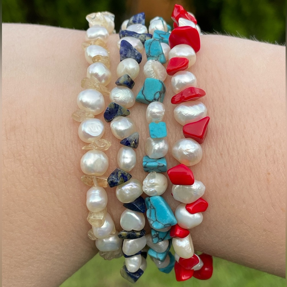 Freshwater Cultured Pearl and Gemstone Chip Stretch Bracelets